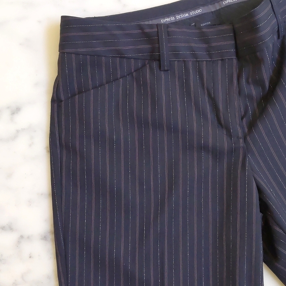 NWOT. Express Design Studio Editor Dress Pant w/brown stripe and sparkling gold. - Picture 2 of 8